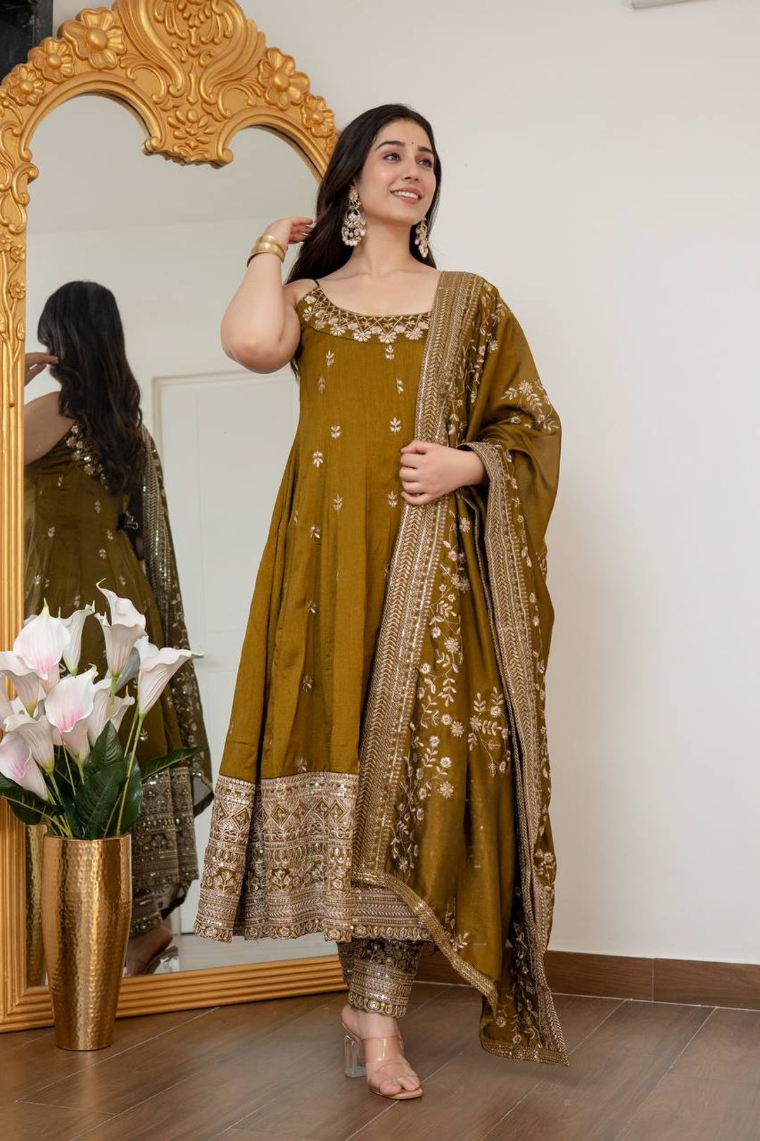Mustard Vichitra Silk Embroidered Anarkali Suit Set