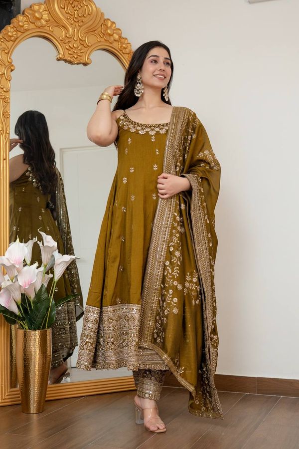 Mustard Vichitra Silk Embroidered Anarkali Suit Set