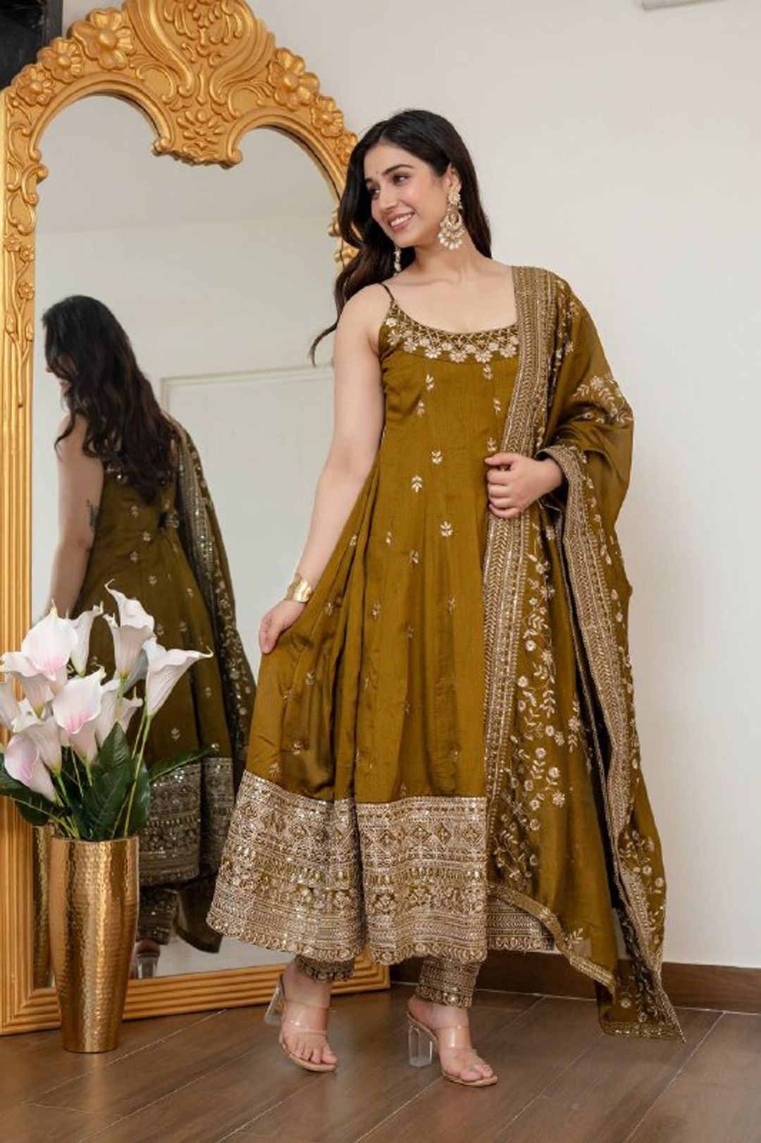 Mustard Vichitra Silk Embroidered Anarkali Suit Set