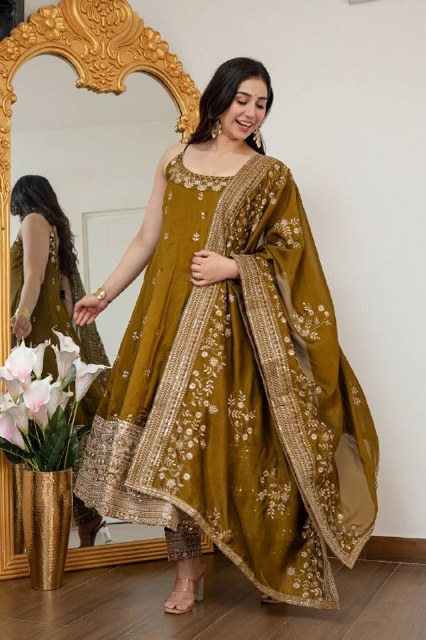 Mustard Vichitra Silk Embroidered Anarkali Suit Set