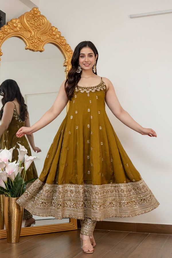 Mustard Vichitra Silk Embroidered Anarkali Suit Set