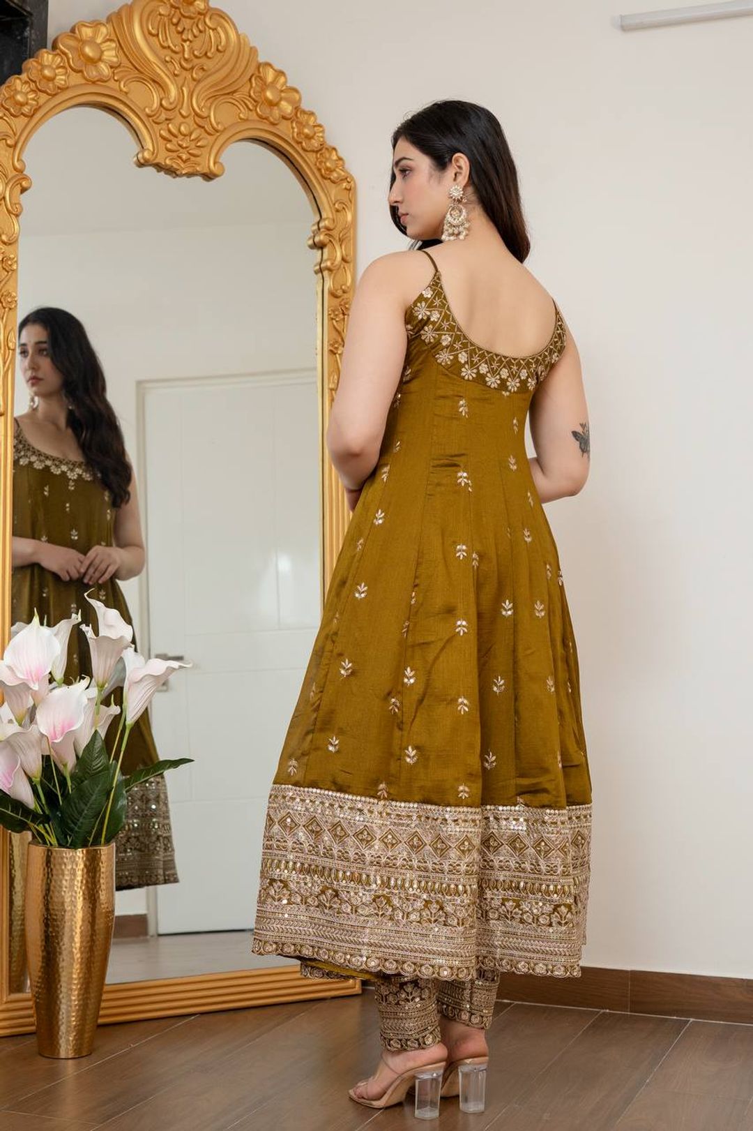 Mustard Vichitra Silk Embroidered Anarkali Suit Set