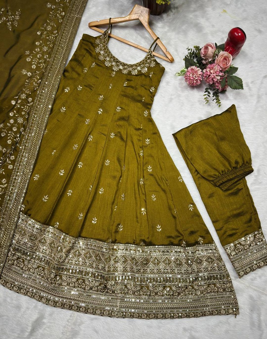Mustard Vichitra Silk Embroidered Anarkali Suit Set