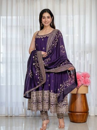 Purple Vichitra Silk Embroidered Anarkali Suit Set