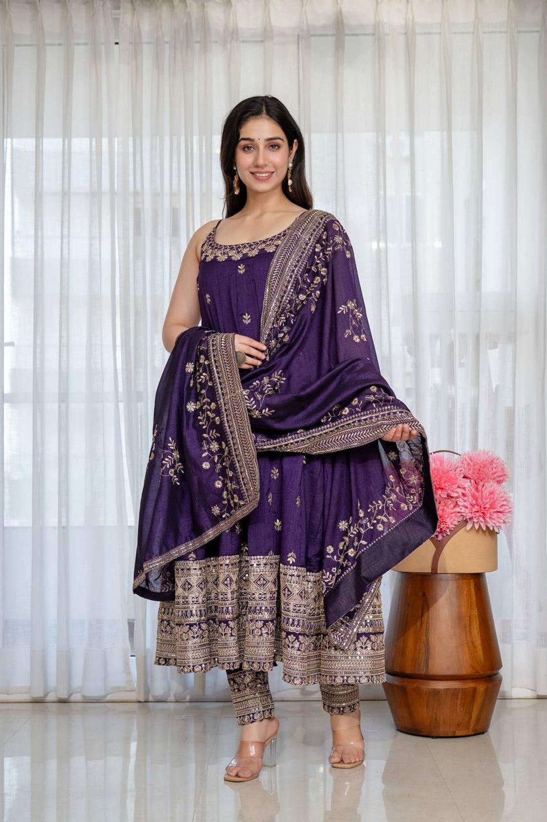 Purple Vichitra Silk Embroidered Anarkali Suit Set