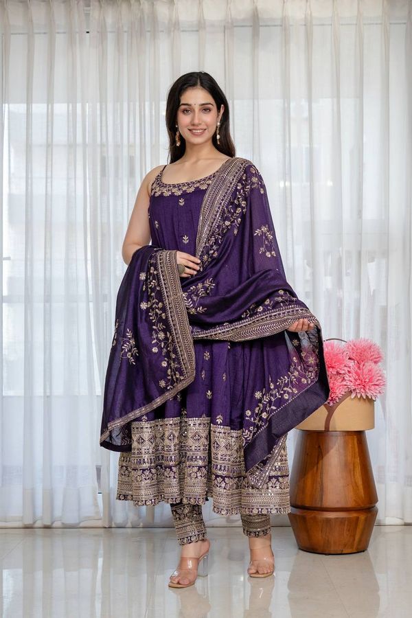 Purple Vichitra Silk Embroidered Anarkali Suit Set