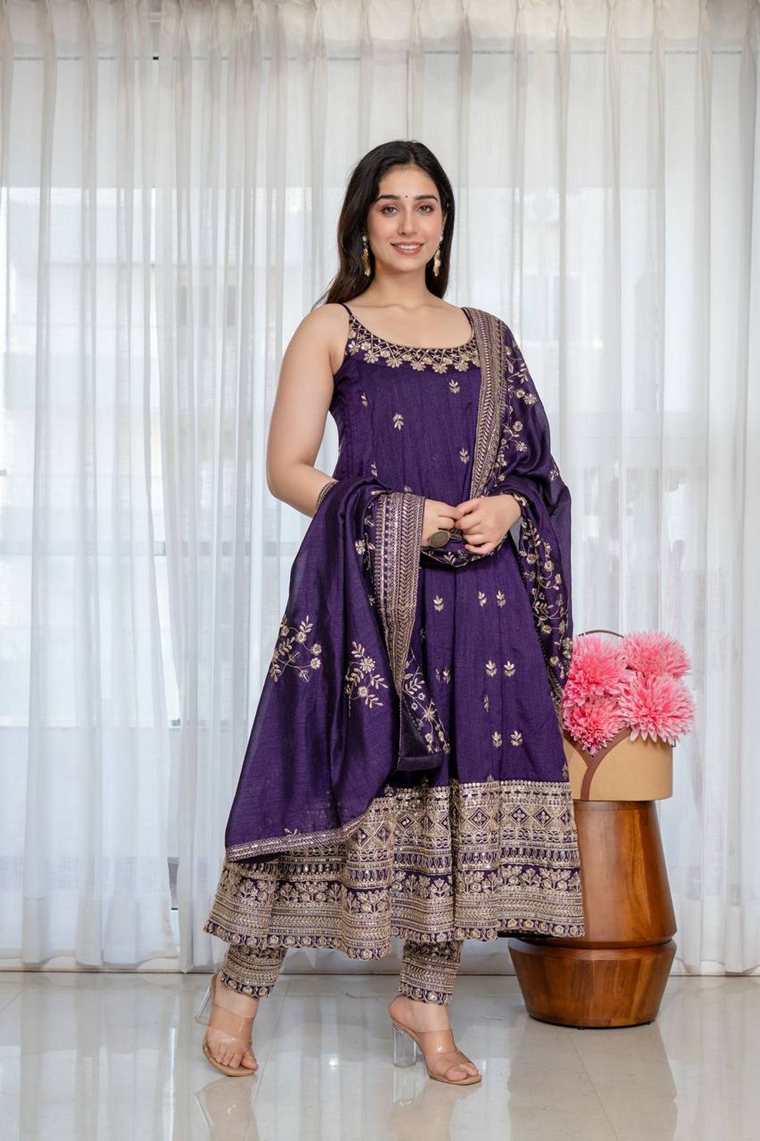 Purple Vichitra Silk Embroidered Anarkali Suit Set