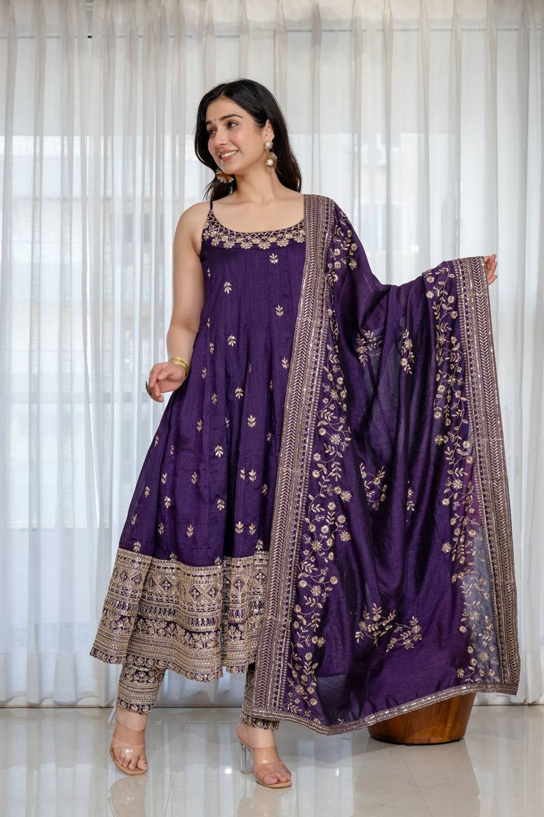 Purple Vichitra Silk Embroidered Anarkali Suit Set