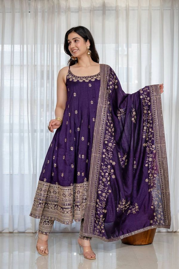 Purple Vichitra Silk Embroidered Anarkali Suit Set