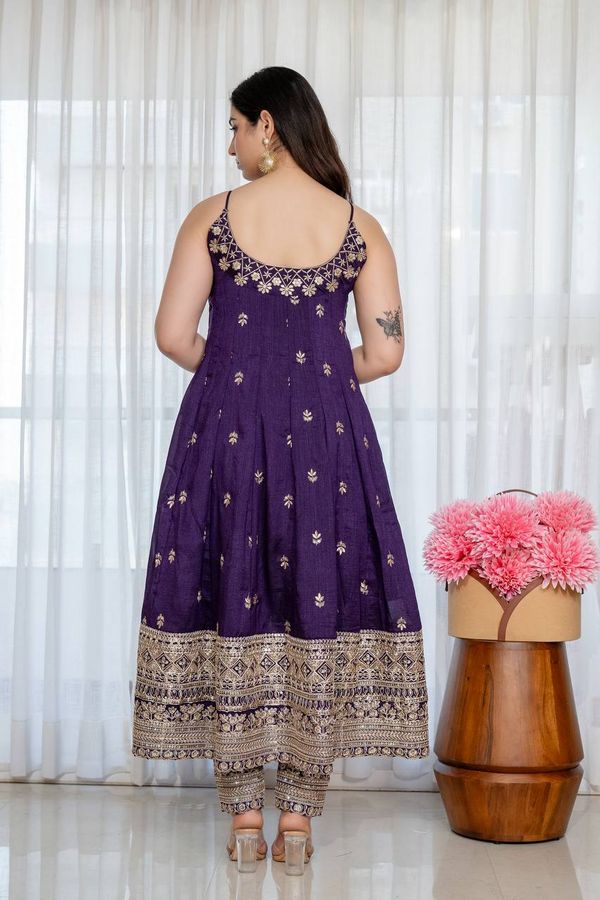 Purple Vichitra Silk Embroidered Anarkali Suit Set