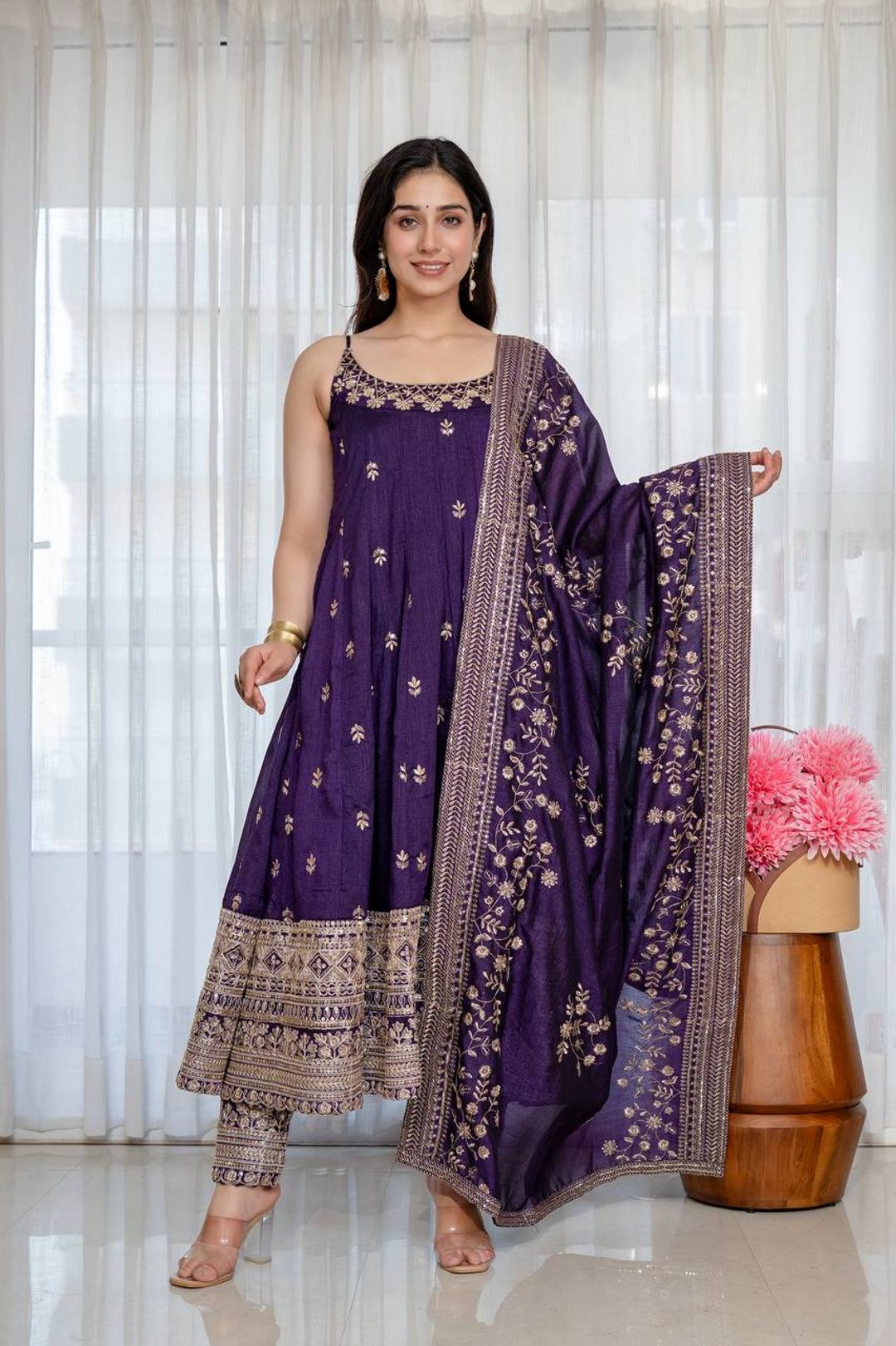 Purple Vichitra Silk Embroidered Anarkali Suit Set