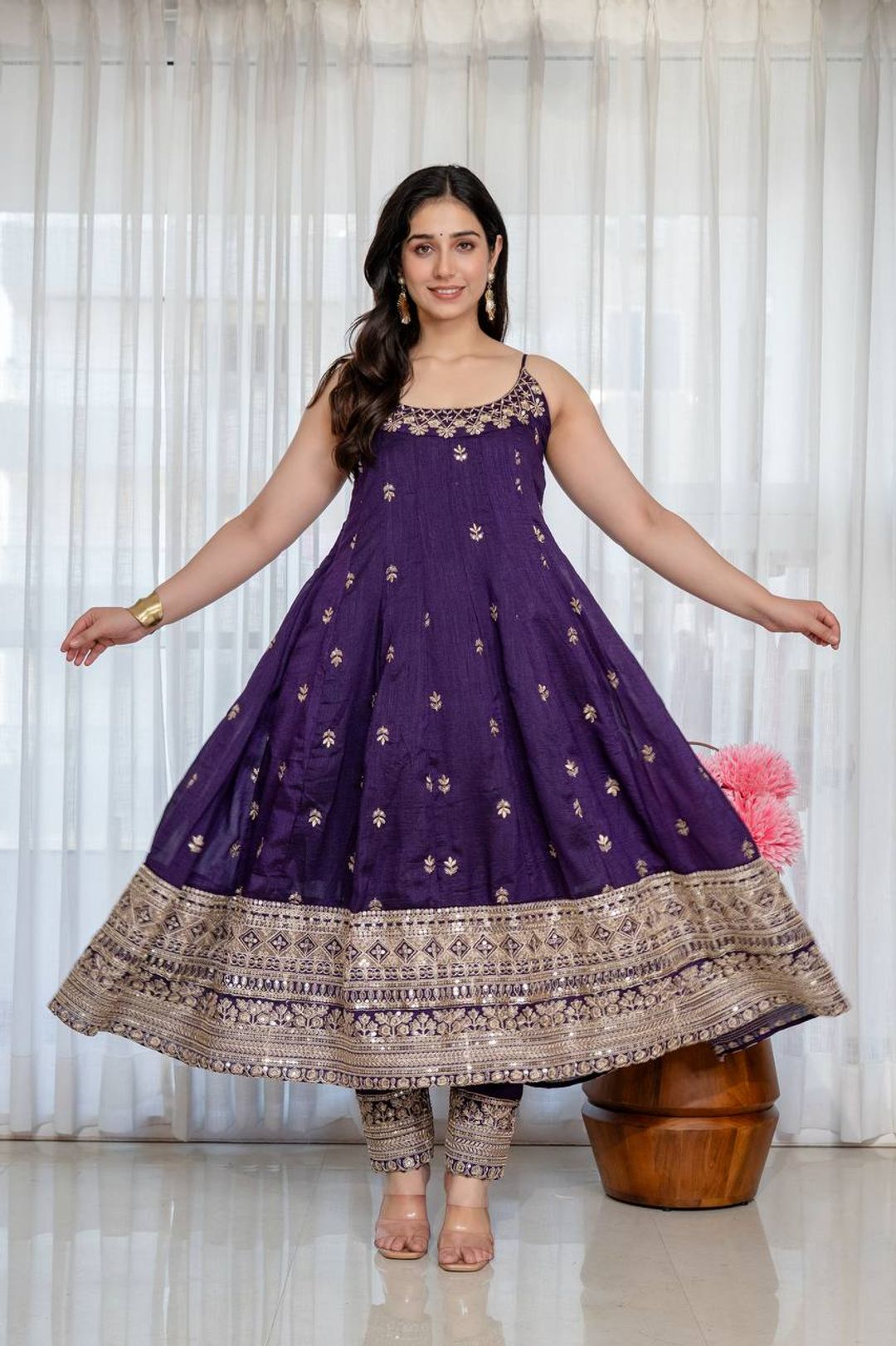 Purple Vichitra Silk Embroidered Anarkali Suit Set