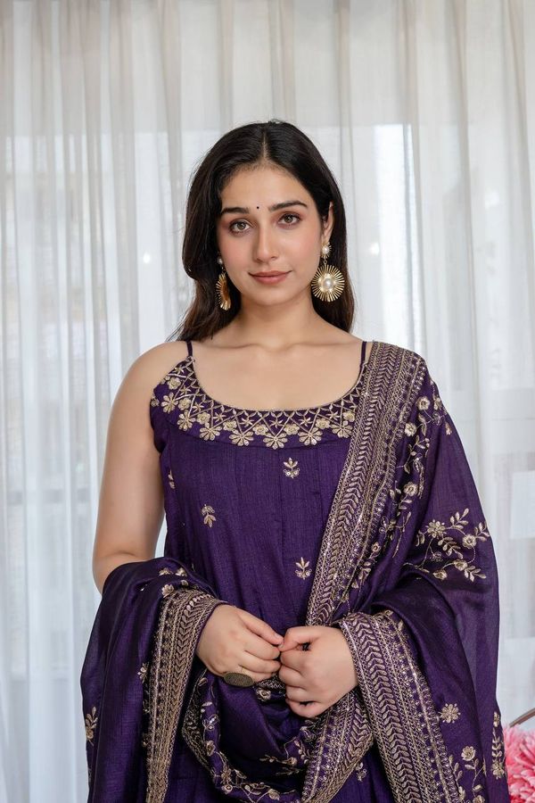 Purple Vichitra Silk Embroidered Anarkali Suit Set