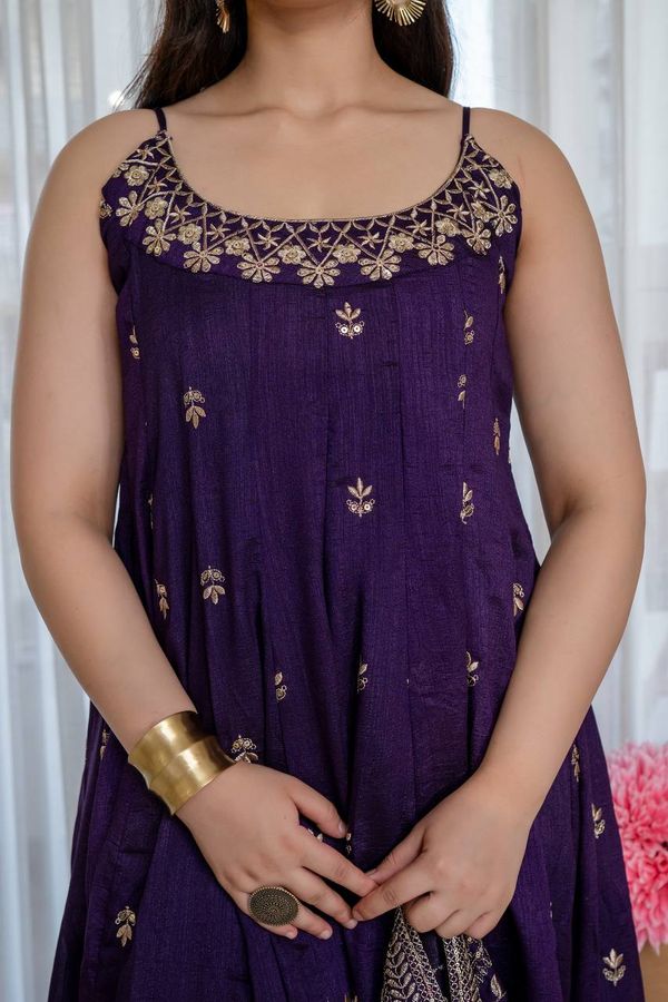 Purple Vichitra Silk Embroidered Anarkali Suit Set