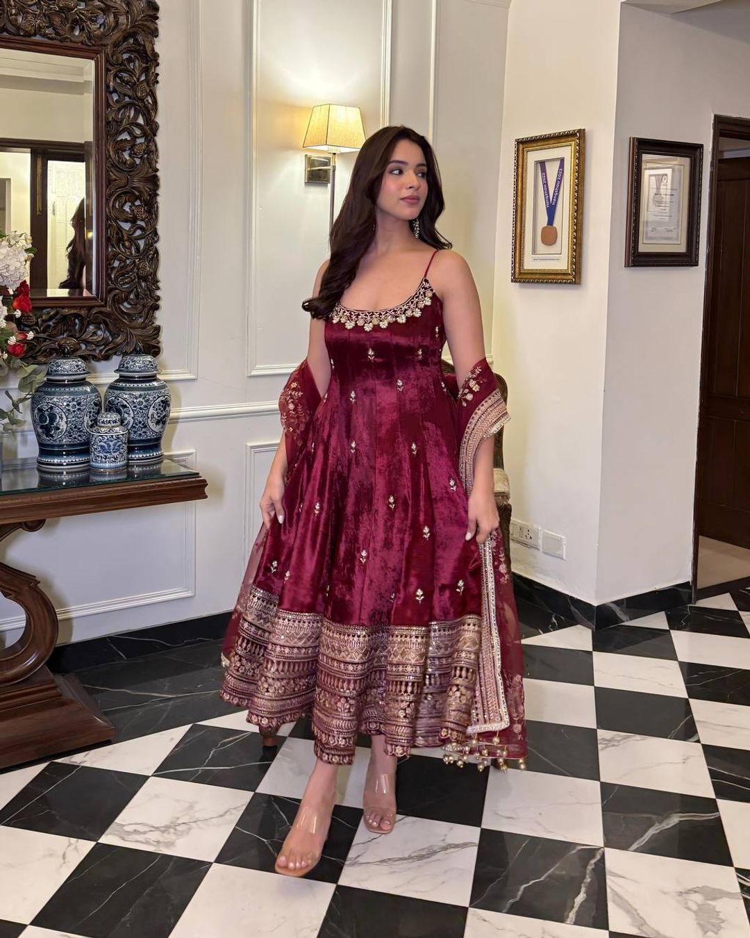 Maroon Vichitra Silk Embroidered Anarkali Suit Set