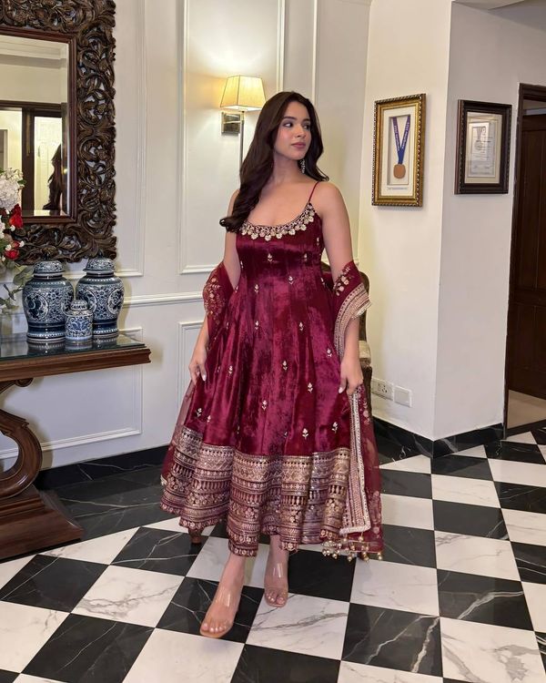 Maroon Vichitra Silk Embroidered Anarkali Suit Set