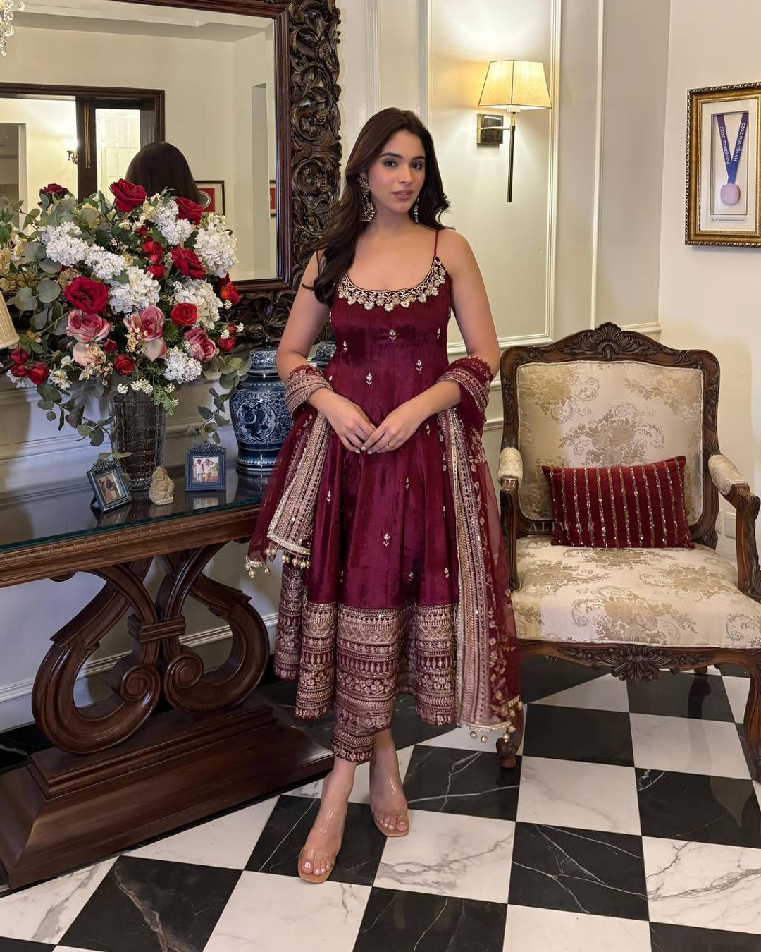 Maroon Vichitra Silk Embroidered Anarkali Suit Set