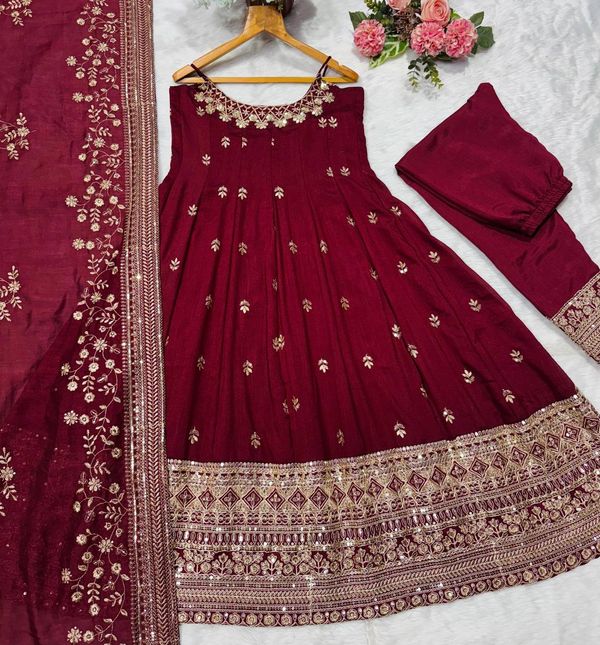 Maroon Vichitra Silk Embroidered Anarkali Suit Set