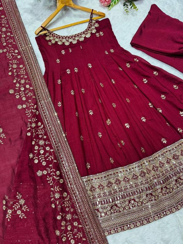 Maroon Vichitra Silk Embroidered Anarkali Suit Set