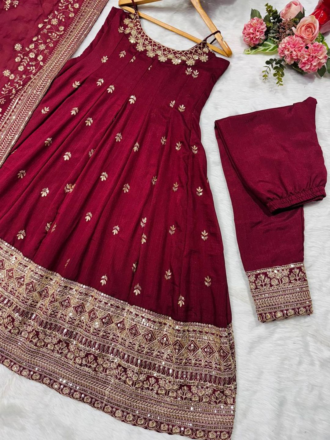 Maroon Vichitra Silk Embroidered Anarkali Suit Set