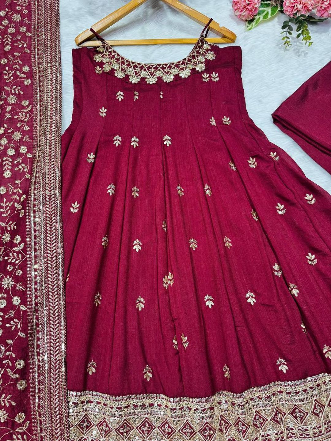 Maroon Vichitra Silk Embroidered Anarkali Suit Set