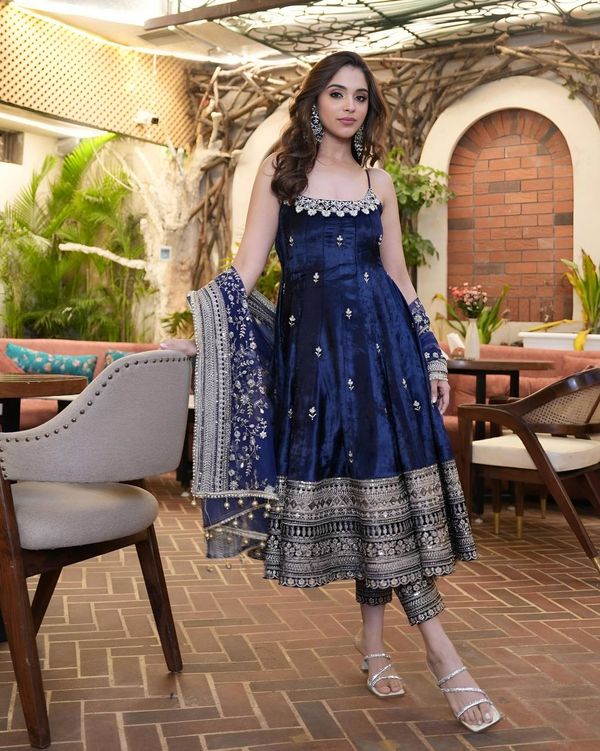 Royal Blue Vichitra Silk Embroidered Anarkali Suit Set