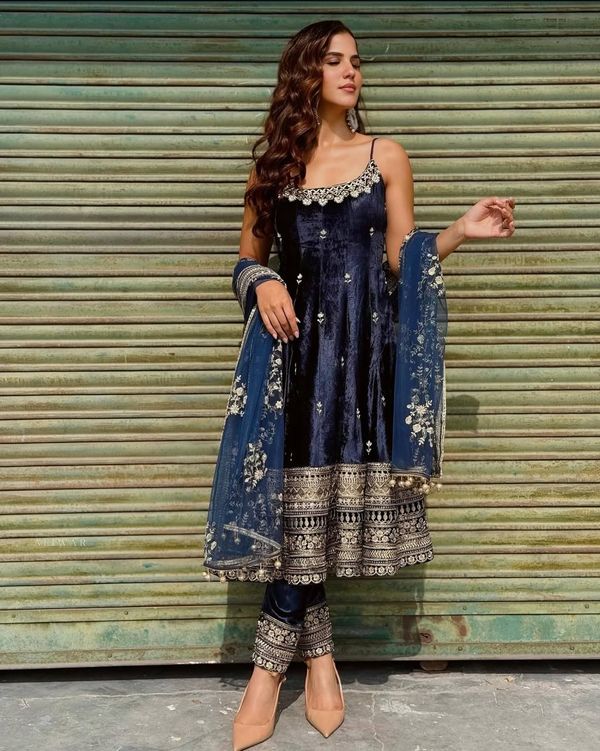 Royal Blue Vichitra Silk Embroidered Anarkali Suit Set