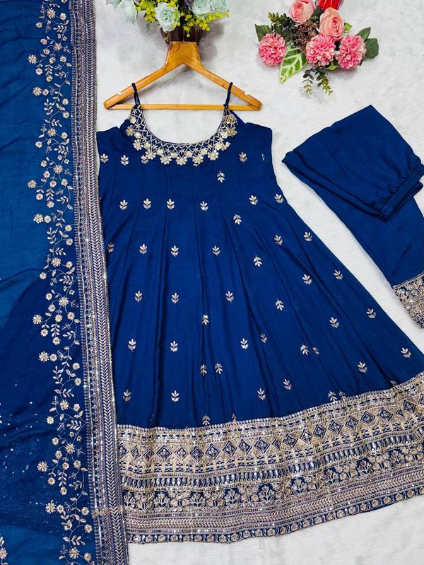Royal Blue Vichitra Silk Embroidered Anarkali Suit Set