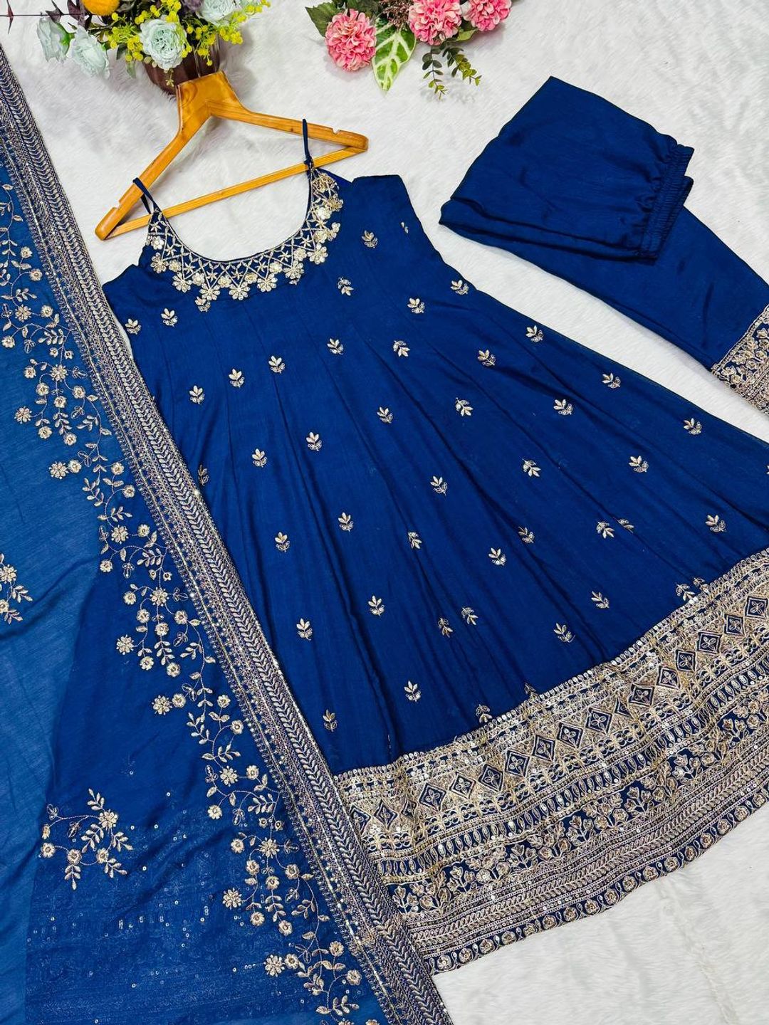 Royal Blue Vichitra Silk Embroidered Anarkali Suit Set