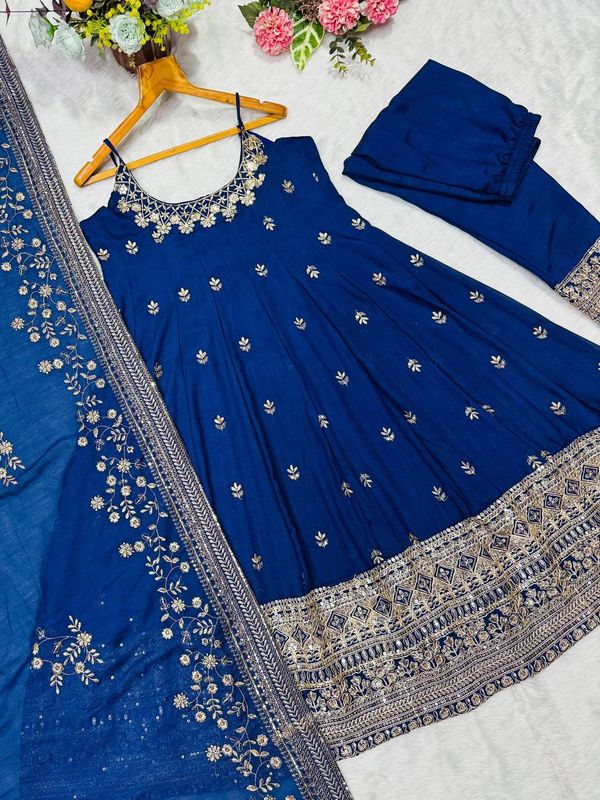 Royal Blue Vichitra Silk Embroidered Anarkali Suit Set