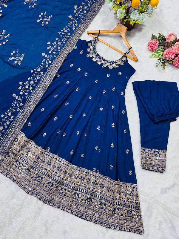 Royal Blue Vichitra Silk Embroidered Anarkali Suit Set