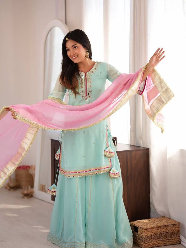 Sky Mint Organza Silk Embroidered Sharara Suit Set