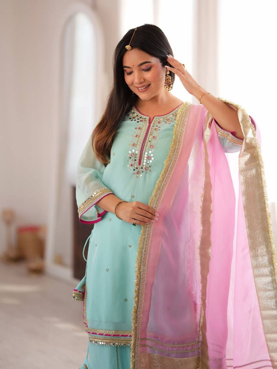 Sky Mint Organza Silk Embroidered Sharara Suit Set