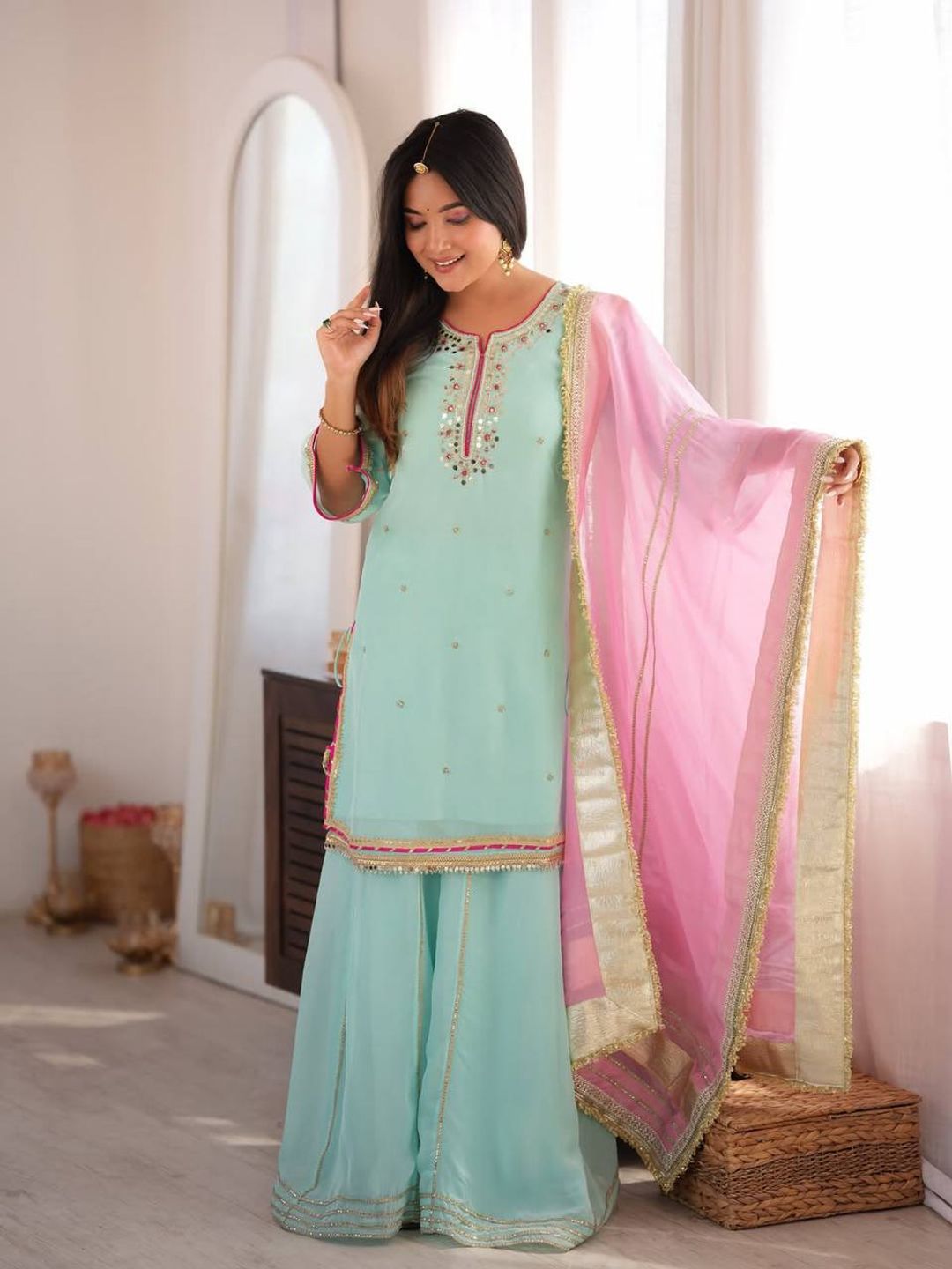Sky Mint Organza Silk Embroidered Sharara Suit Set