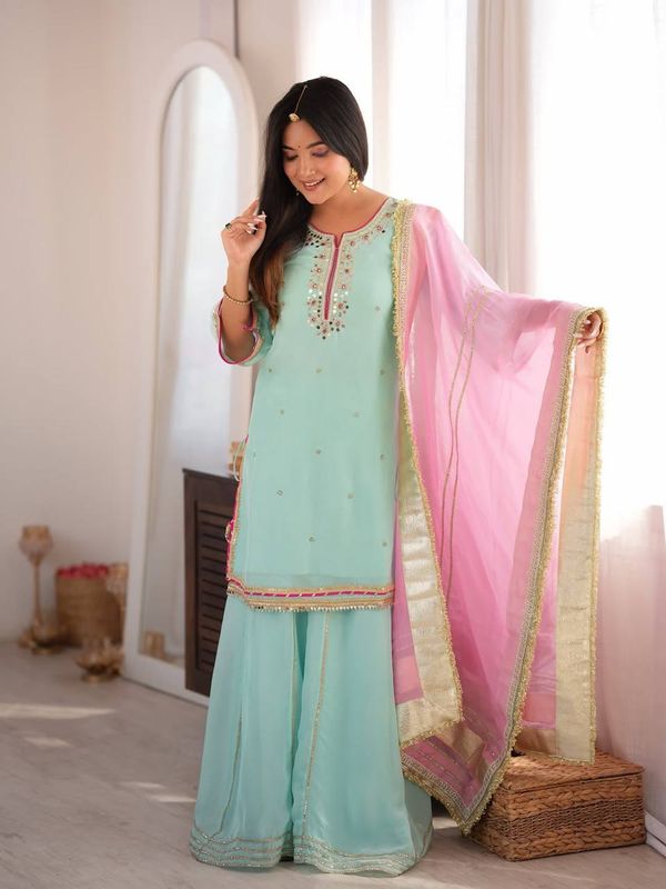 Sky Mint Organza Silk Embroidered Sharara Suit Set