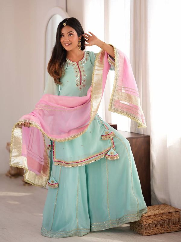 Sky Mint Organza Silk Embroidered Sharara Suit Set