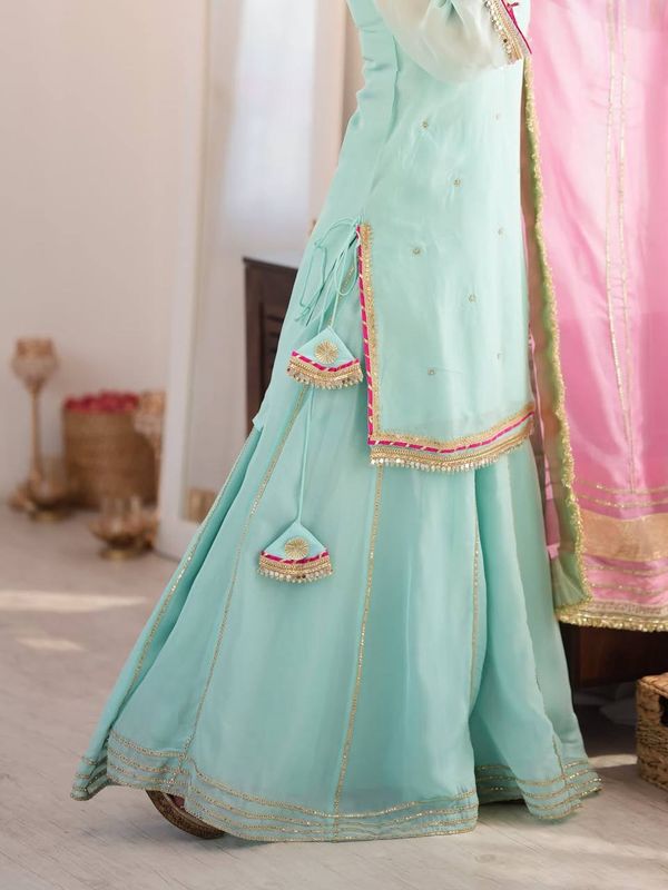 Sky Mint Organza Silk Embroidered Sharara Suit Set
