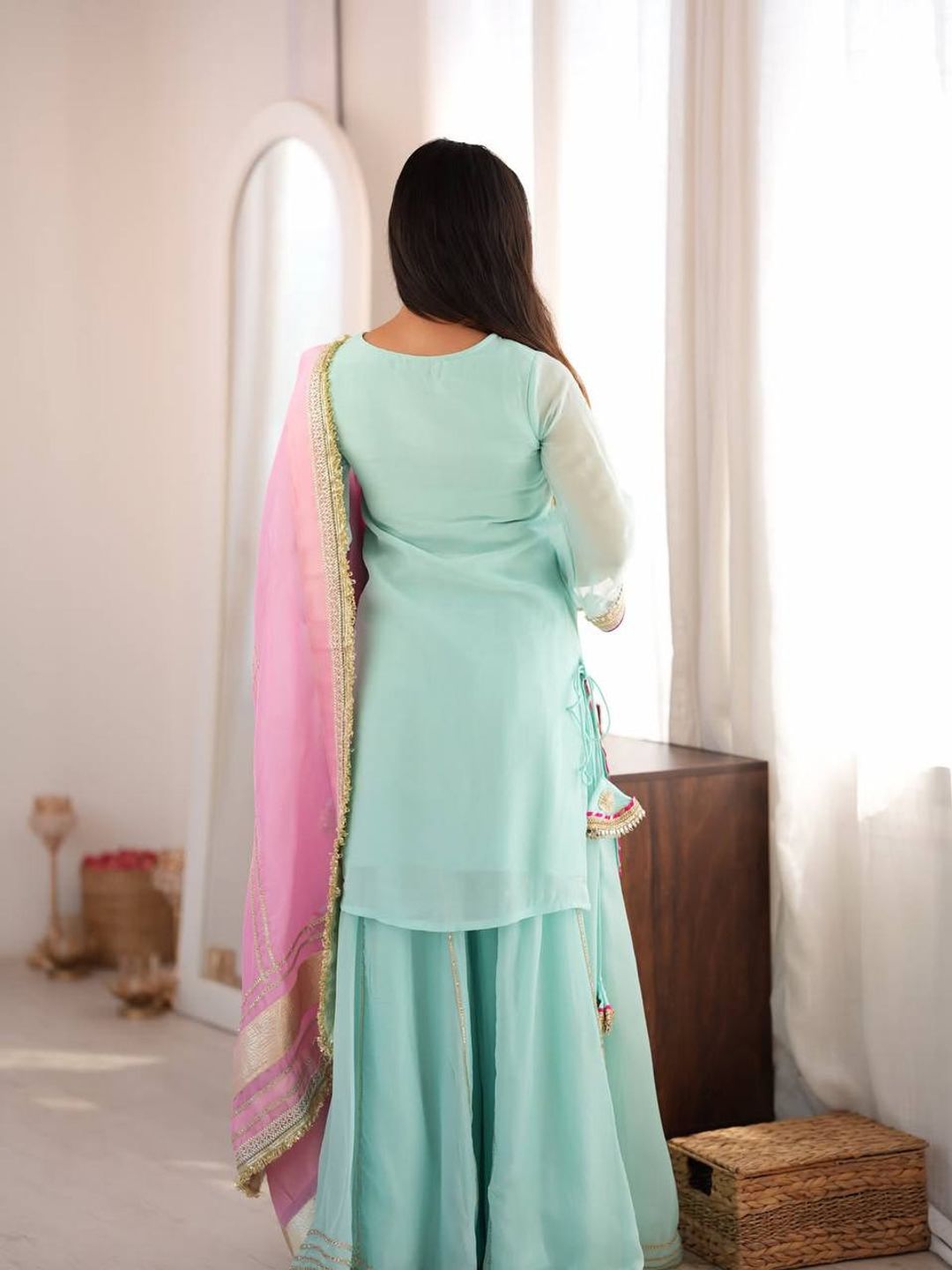 Sky Mint Organza Silk Embroidered Sharara Suit Set