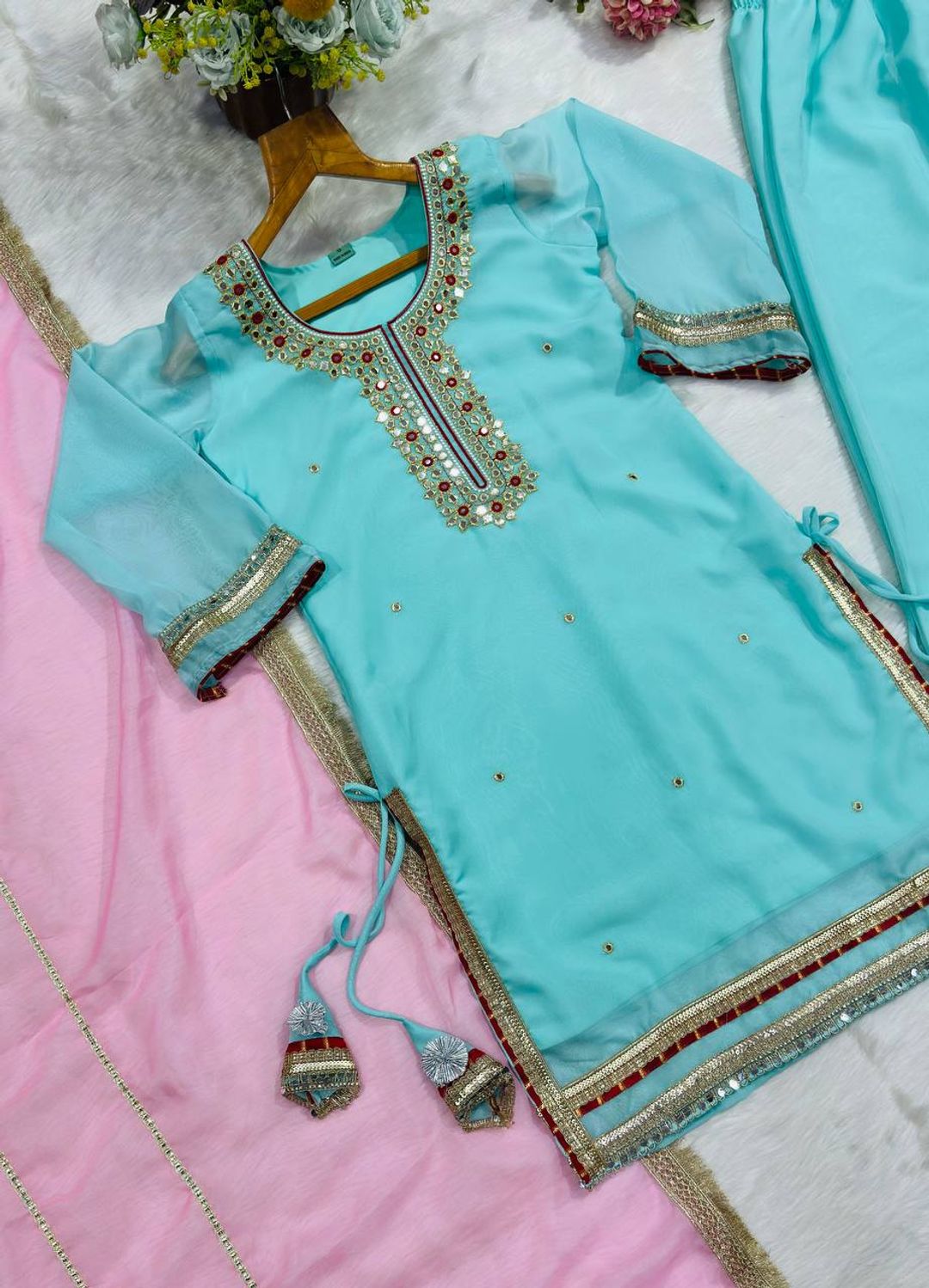 Sky Mint Organza Silk Embroidered Sharara Suit Set