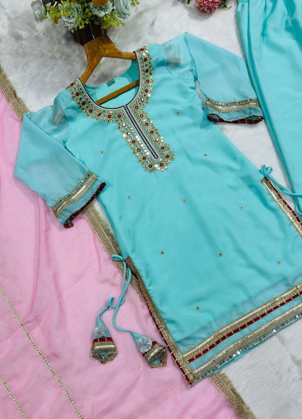 Sky Mint Organza Silk Embroidered Sharara Suit Set