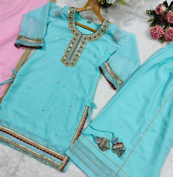 Sky Mint Organza Silk Embroidered Sharara Suit Set