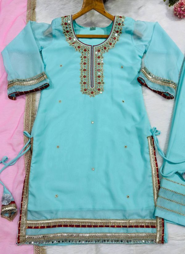 Sky Mint Organza Silk Embroidered Sharara Suit Set