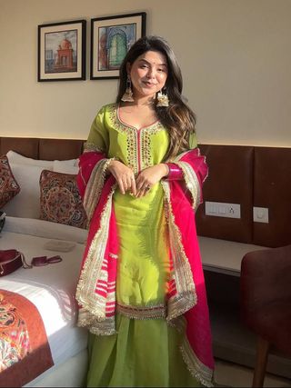 Parrot Green Embroidered Readymade Sharara Suit Set
