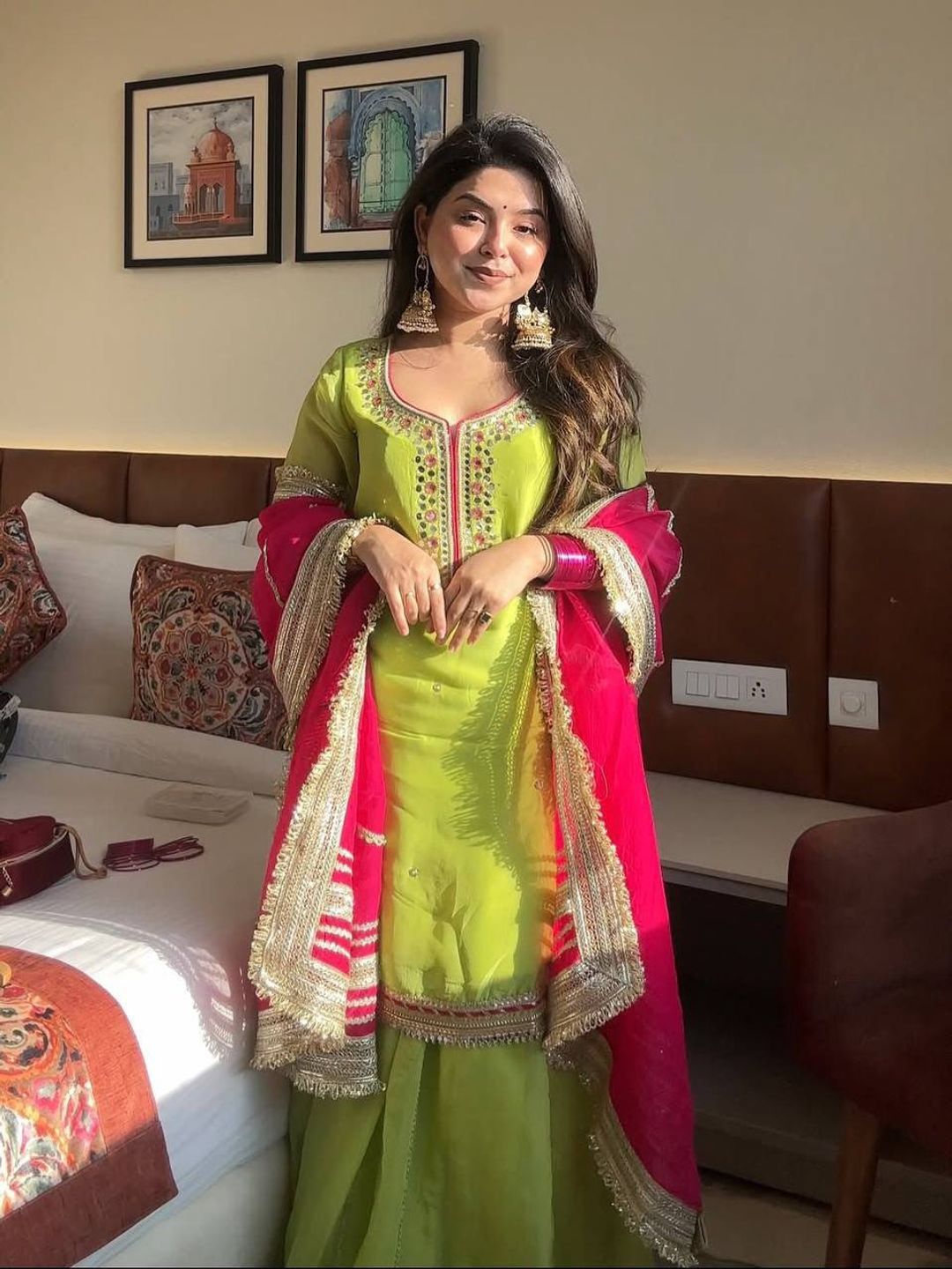 Parrot Green Embroidered Readymade Sharara Suit Set