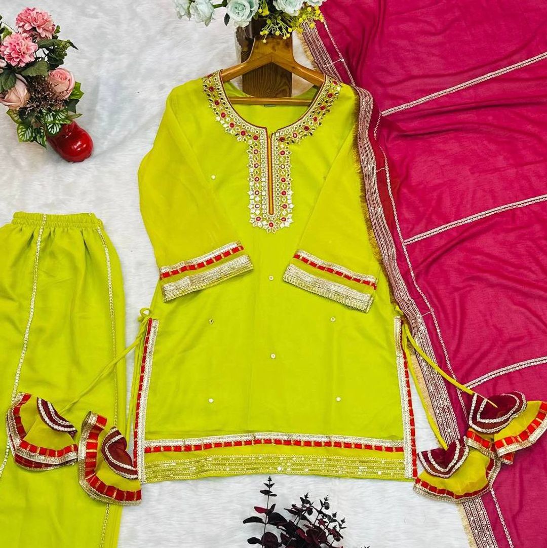 Parrot Green Embroidered Readymade Sharara Suit Set