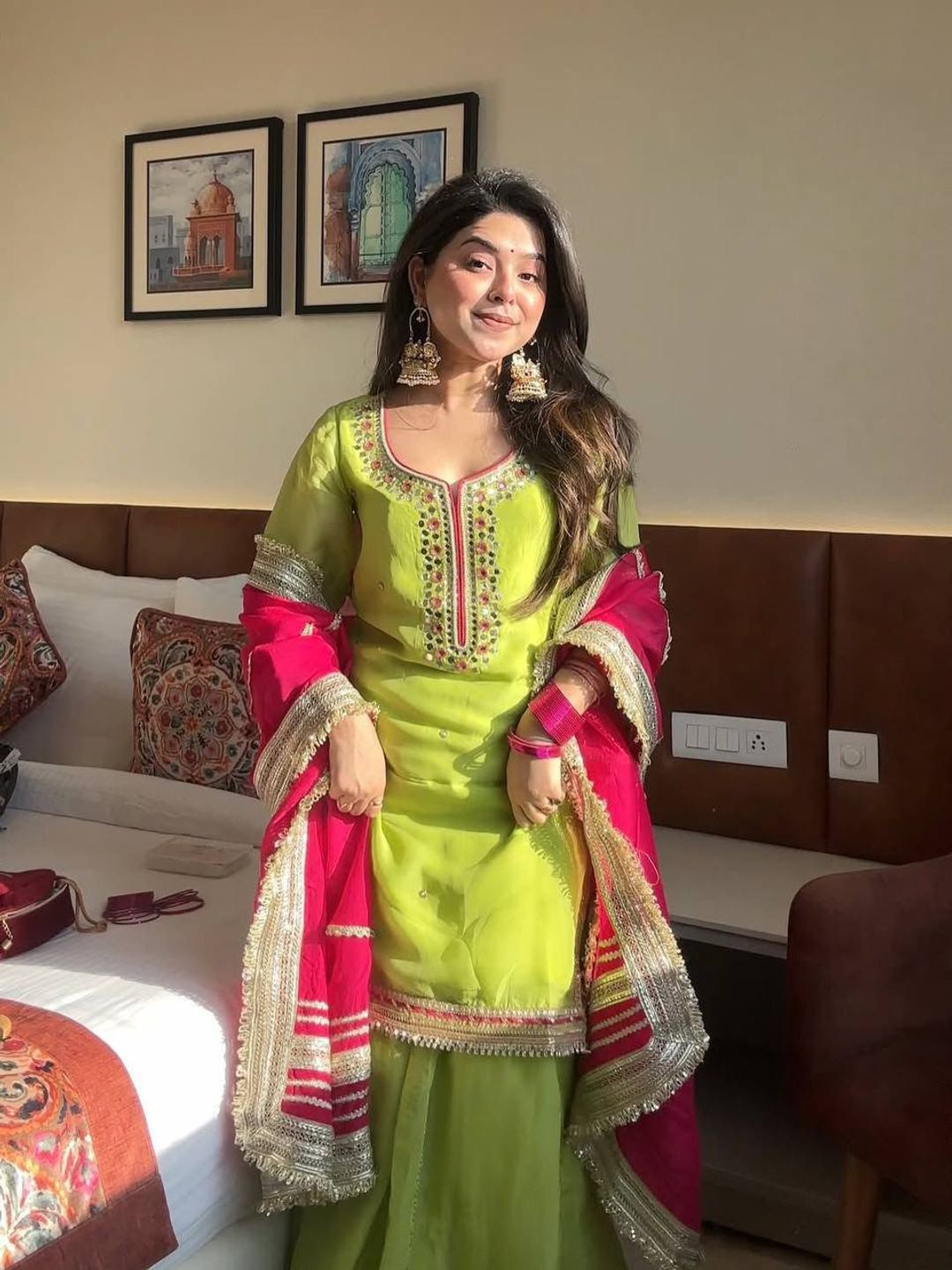 Parrot Green Embroidered Readymade Sharara Suit Set