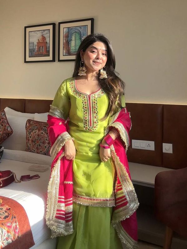 Parrot Green Embroidered Readymade Sharara Suit Set