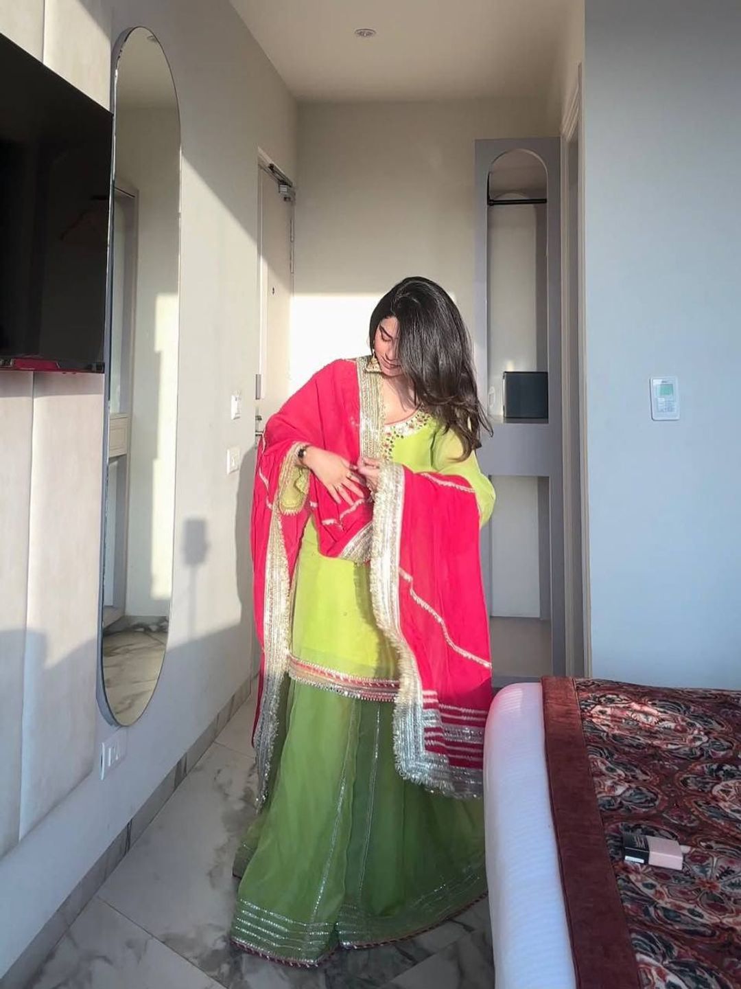 Parrot Green Embroidered Readymade Sharara Suit Set