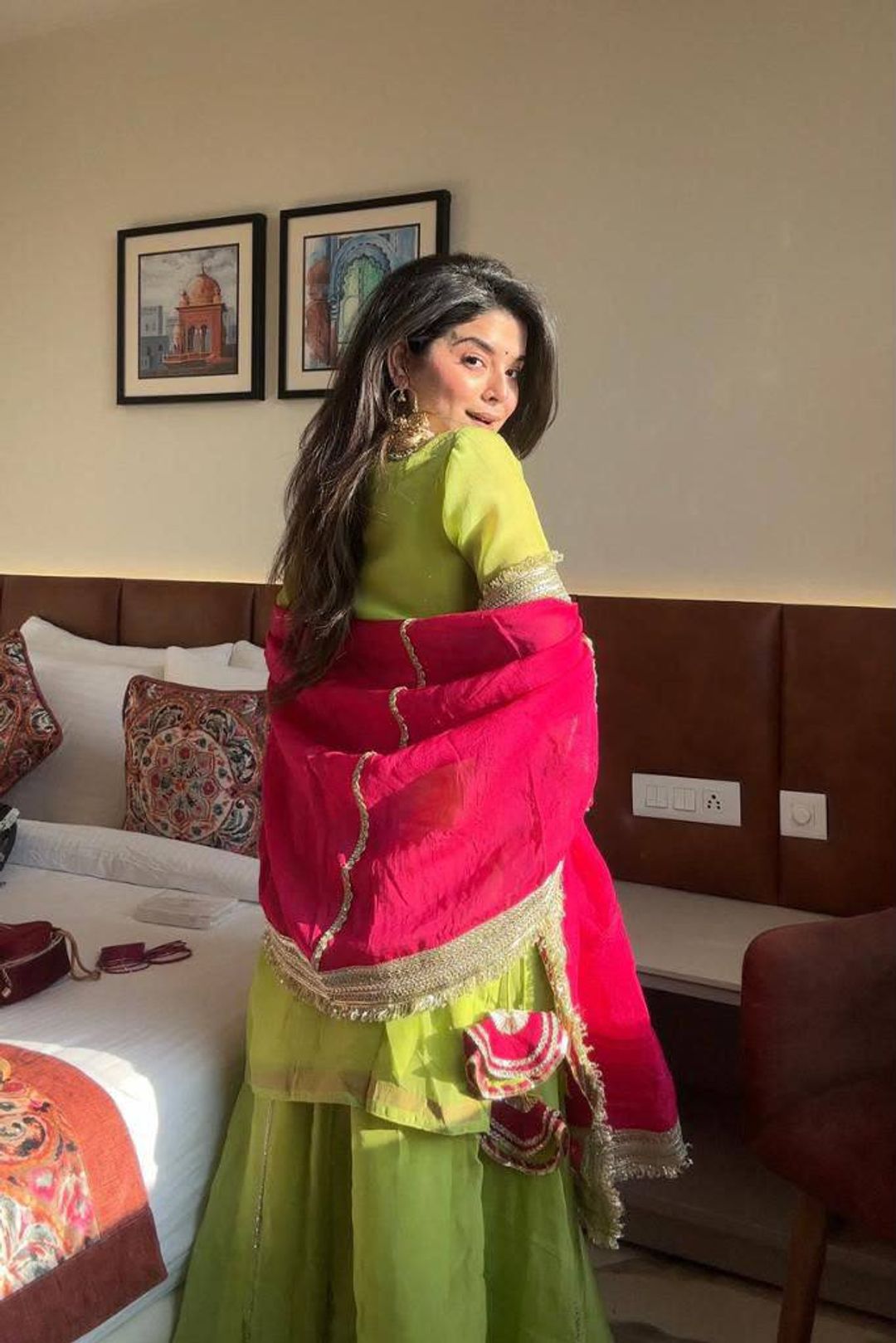 Parrot Green Embroidered Readymade Sharara Suit Set