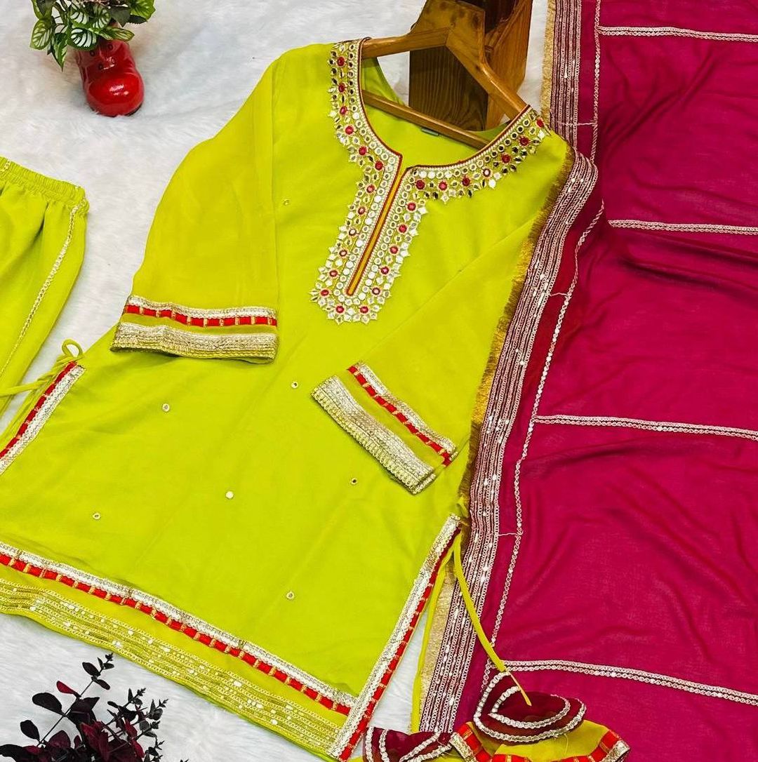 Parrot Green Embroidered Readymade Sharara Suit Set